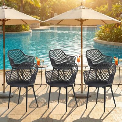 EGGREE Chaise de Jardin Exterieur Lot de 6 Chaise Plastique avec Accoudoir et Pied en Métal Dossier à Design Ajouré Noir Noir - Publicité EGGREE Chaise de Jardin Exterieur Lot de 6 Chaise Plastique avec Accoudoir et Pied en Métal Dossier à Design Ajouré Noir Noir - Publicité
