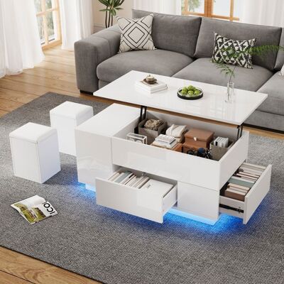LEMONBEST Table Basse Réglable Blanc 100x50x45 cm avec LED - 2 Tiroirs Espace de Rangement et Support 50kg - Set 4-en-1 avec Pouf Blanc - Publicité LEMONBEST Table Basse Réglable Blanc 100x50x45 cm avec LED - 2 Tiroirs Espace de Rangement et Support 50kg - Set 4-en-1 avec Pouf Blanc - Publicité