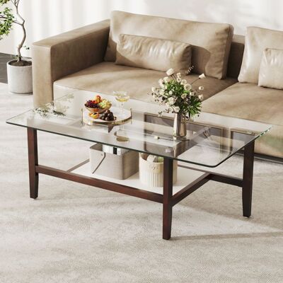 COSTWAY Table Basse en Verre Trempé à 2 Niveaux Pieds en Bois dHévéa Table Basse Salon Rectangulaire de 107 cm pour Bureau Marron - Publicité COSTWAY Table Basse en Verre Trempé à 2 Niveaux Pieds en Bois dHévéa Table Basse Salon Rectangulaire de 107 cm pour Bureau Marron - Publicité
