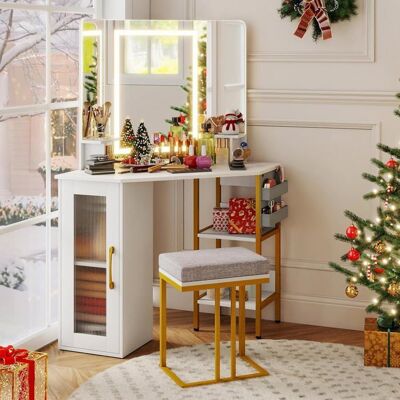 Ensemble de Coiffeuse et Tabouret COSTWAY Miroir Triple à 3 Couleurs de Lumière Station de Charge 2 Sacs en Tissu Cadeau Idéal Blanc - Publicité Ensemble de Coiffeuse et Tabouret COSTWAY Miroir Triple à 3 Couleurs de Lumière Station de Charge 2 Sacs en Tissu Cadeau Idéal Blanc - Publicité