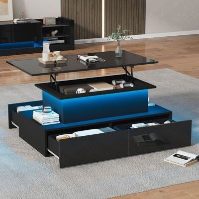 Lemonbest Table basse relevable LED 90 x 55 x 41cm Table de salon moderne salon avec 4 grand tiroirs rangement caché Noir Noir - Publicité Lemonbest Table basse relevable LED 90 x 55 x 41cm Table de salon moderne salon avec 4 grand tiroirs rangement caché Noir Noir - Publicité