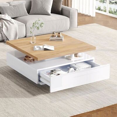 LEMONBEST Table basse carrée 70×70×36 cm – Plateau pivotant 360° tiroir blanc & noyer Blanc - Publicité LEMONBEST Table basse carrée 70×70×36 cm – Plateau pivotant 360° tiroir blanc & noyer Blanc - Publicité