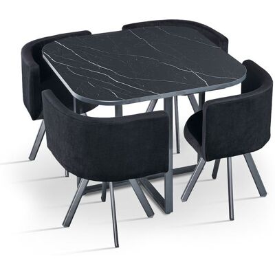 MENZZO Table carrée 90cm avec 4 chaises gain de place Oslo Effet marbre noir et Velours Noir - table à manger Table : L90 x P90 x Noir - Publicité MENZZO Table carrée 90cm avec 4 chaises gain de place Oslo Effet marbre noir et Velours Noir - table à manger Table : L90 x P90 x Noir - Publicité