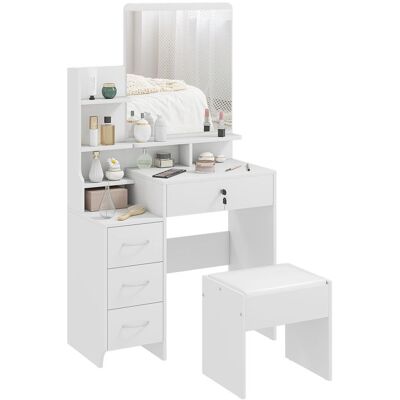 Ensemble de coiffeuse - HOMCOM - table maquillage tabouret rembourré grand miroir 4 tiroirs - bois - blanc Blanc - Publicité Ensemble de coiffeuse - HOMCOM - table maquillage tabouret rembourré grand miroir 4 tiroirs - bois - blanc Blanc - Publicité