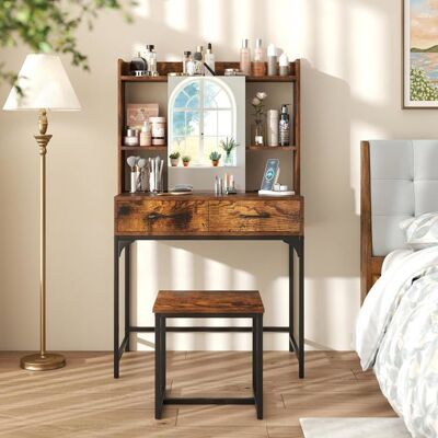 COSTWAY Ensemble Coiffeuse avec Tabouret et Miroir Table de Maquillage avec Station de Charge Tiroirs Étagères Ouvertes Marron Marron - Publicité COSTWAY Ensemble Coiffeuse avec Tabouret et Miroir Table de Maquillage avec Station de Charge Tiroirs Étagères Ouvertes Marron Marron - Publicité