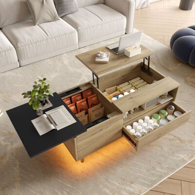 Table basse LED relevable - LEMONBEST - 1035×50×275 cm - Plateau relevable - Rangement avec tiroir - Bois & noir Marron - Publicité Table basse LED relevable - LEMONBEST - 1035×50×275 cm - Plateau relevable - Rangement avec tiroir - Bois & noir Marron - Publicité