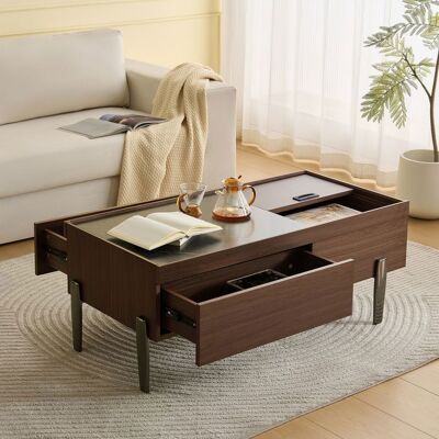 LEMONBEST Table basse Moderne 105×50×41.5 cm Table Salon en bois avec Rangement Caché et 2 Tiroirs - Pieds Métal et Plateau Verre - Marron Marron - Publicité LEMONBEST Table basse Moderne 105×50×41.5 cm Table Salon en bois avec Rangement Caché et 2 Tiroirs - Pieds Métal et Plateau Verre - Marron Marron - Publicité