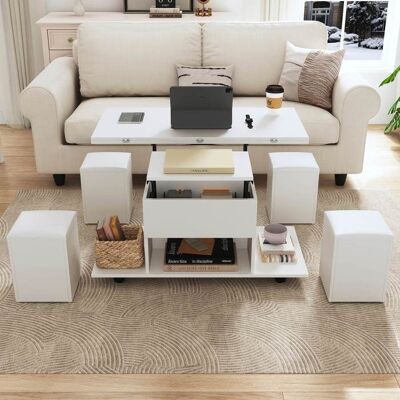 LEMONBEST Table Basse multifonctionnelle relevable Convertible en table à manger avec 4 Tabouret Rangement Caché et Ouvert Blanc Blanc - Publicité LEMONBEST Table Basse multifonctionnelle relevable Convertible en table à manger avec 4 Tabouret Rangement Caché et Ouvert Blanc Blanc - Publicité