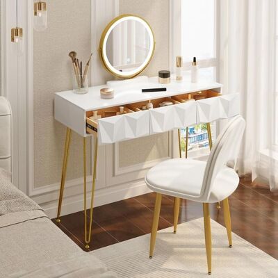 EUGAD Coiffeuse pré-assemblé - avec chaise en Velours - Table de Maquillage - Miroir LED Réglable - Blanc+Doré Blanc - Publicité EUGAD Coiffeuse pré-assemblé - avec chaise en Velours - Table de Maquillage - Miroir LED Réglable - Blanc+Doré Blanc - Publicité