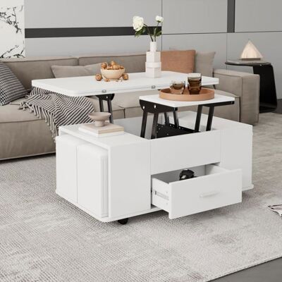 Table basse relevable extensible - LEMONBEST - 100 x 50 cm - Double plateau hydraulique - 4 tabourets rangement - Tiroir silencieux Blanc - Publicité Table basse relevable extensible - LEMONBEST - 100 x 50 cm - Double plateau hydraulique - 4 tabourets rangement - Tiroir silencieux Blanc - Publicité