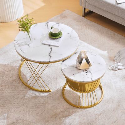LEMLIT Table Gigogne Ronde 2 Pcs Table Basses Moderne avec Placage Marbre Brillant et Structure Métal Doré - pour Salon Bureau - Blanc Blanc - Publicité LEMLIT Table Gigogne Ronde 2 Pcs Table Basses Moderne avec Placage Marbre Brillant et Structure Métal Doré - pour Salon Bureau - Blanc Blanc - Publicité