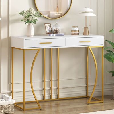 MERAX Console Table Moderne avec Structure Métallique Dorée 2 Tiroirs et Pieds Réglables - 110 x 32 x 85 cm Blanc - Publicité MERAX Console Table Moderne avec Structure Métallique Dorée 2 Tiroirs et Pieds Réglables - 110 x 32 x 85 cm Blanc - Publicité