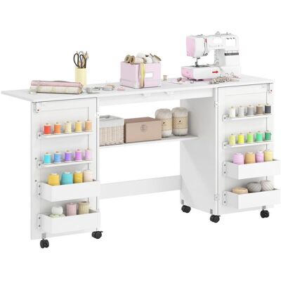 Table de couture - HOMCOM - pliante - roulettes 2 portes 4 bacs 20 crochets - panneau de particules - 160x40x81 5cm - blanc Blanc - Publicité Table de couture - HOMCOM - pliante - roulettes 2 portes 4 bacs 20 crochets - panneau de particules - 160x40x81 5cm - blanc Blanc - Publicité