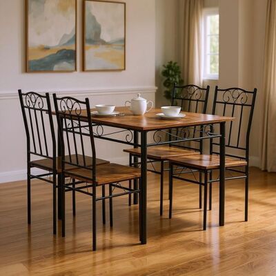 Table à manger - FURNITURER - Lot 5 pièces - Aspect bois - Structure métal - Style industriel Marron - Publicité Table à manger - FURNITURER - Lot 5 pièces - Aspect bois - Structure métal - Style industriel Marron - Publicité