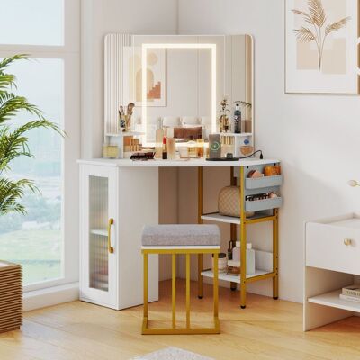 GIANTEX Coiffeuse dAngle avec Tabouret- Miroir Pivotant LED Réglable- 4 Étagères Ouvertes- Station de Charge- 108x50x143cm- Blanc Blanc - Publicité GIANTEX Coiffeuse dAngle avec Tabouret- Miroir Pivotant LED Réglable- 4 Étagères Ouvertes- Station de Charge- 108x50x143cm- Blanc Blanc - Publicité