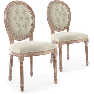 MENZZO Lot de 2 chaises médaillon Louis XVI Bois massif patiné et Tissu capitonné Beige - Chaises Salle À Manger Beige - Publicité MENZZO Lot de 2 chaises médaillon Louis XVI Bois massif patiné et Tissu capitonné Beige - Chaises Salle À Manger Beige - Publicité