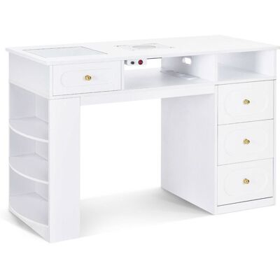 BarberPub Table de manucure avec 4 tiroirs étagère 2 tablettes et plateau en verre table à ongles en bois 2442 Blanc - Publicité BarberPub Table de manucure avec 4 tiroirs étagère 2 tablettes et plateau en verre table à ongles en bois 2442 Blanc - Publicité