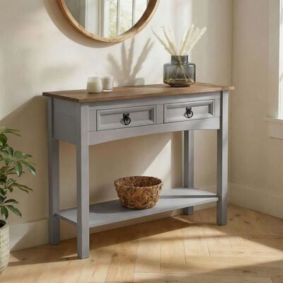 Idimex Table console RAMON table dappoint rectangulaire en pin massif gris et brun avec 2 tiroirs meuble dentrée style mexicain en bois Gris - Publicité Idimex Table console RAMON table dappoint rectangulaire en pin massif gris et brun avec 2 tiroirs meuble dentrée style mexicain en bois Gris - Publicité
