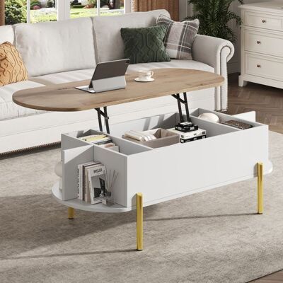 Table basse relevable - LEMONBEST - 120×50×43 cm - Plateau 43–575 cm - Rangement secret tripartite - Pieds métalliques dorés Blanc - Publicité Table basse relevable - LEMONBEST - 120×50×43 cm - Plateau 43–575 cm - Rangement secret tripartite - Pieds métalliques dorés Blanc - Publicité