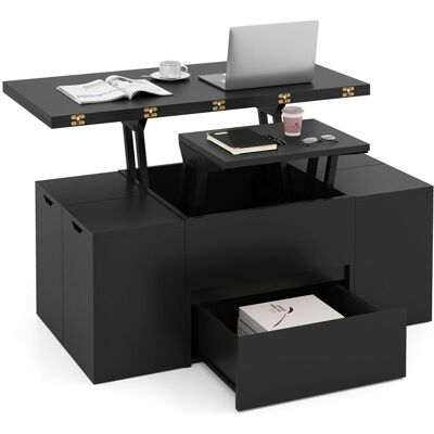 3 en 1 Table Basse avec Plateau Relevable COSTWAY 4 Tabourets de Rangement pour 4 à 8 Personnes Compartiment Caché Tiroir Noir Noir - Publicité 3 en 1 Table Basse avec Plateau Relevable COSTWAY 4 Tabourets de Rangement pour 4 à 8 Personnes Compartiment Caché Tiroir Noir Noir - Publicité