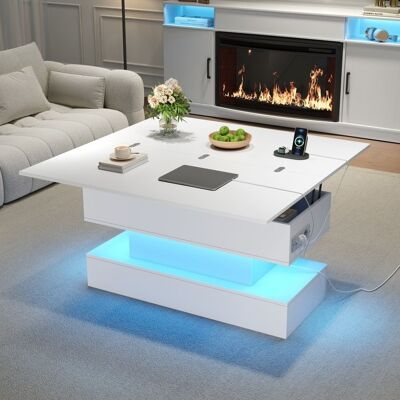 Table basse relevable LED - LEMONBEST - 100×50×51.5 cm - Plateau 100×100 cm - LED pilotable - Prise + USB/Type-C Blanc - Publicité Table basse relevable LED - LEMONBEST - 100×50×51.5 cm - Plateau 100×100 cm - LED pilotable - Prise + USB/Type-C Blanc - Publicité