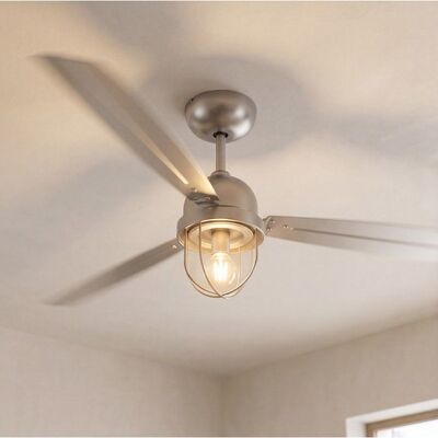 Ventilateur de plafond LED Mariner Satin Nickel avec lumière E27 de Netlighting - Publicité Ventilateur de plafond LED Mariner Satin Nickel avec lumière E27 de Netlighting - Publicité