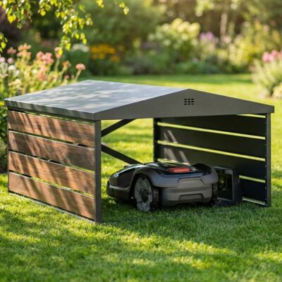 CASABEL Abri pour robot tondeuse en acier galvanisé noir et bois Garage design avec toit double pente universel 84x72x45cm Noir - Publicité CASABEL Abri pour robot tondeuse en acier galvanisé noir et bois Garage design avec toit double pente universel 84x72x45cm Noir - Publicité