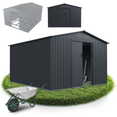 Juskys Abri de jardin métallique XXL gris foncé - Remise extérieure avec toit à deux pentes et cadre de fondation Noir - Publicité Juskys Abri de jardin métallique XXL gris foncé - Remise extérieure avec toit à deux pentes et cadre de fondation Noir - Publicité