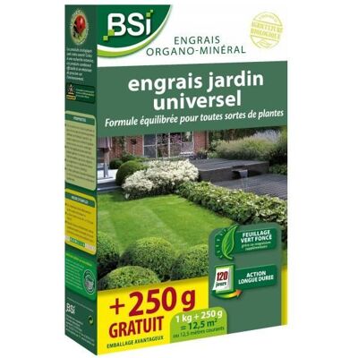 Engrais Bio Universel - BSI - Végétaux Multiples - Gazon, Potager, Fleurs - Action Longue Durée - 1Kg + 250g Offert - 12,5 m - Publicité Engrais Bio Universel - BSI - Végétaux Multiples - Gazon, Potager, Fleurs - Action Longue Durée - 1Kg + 250g Offert - 12,5 m - Publicité