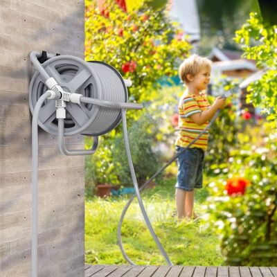 Generic Dévidoir enrouleur de tuyau darrosage 20m + 2m buse de pulvérisation réglable 2 en 1 à fixer au mur ou à poser Gris - Publicité Generic Dévidoir enrouleur de tuyau darrosage 20m + 2m buse de pulvérisation réglable 2 en 1 à fixer au mur ou à poser Gris - Publicité