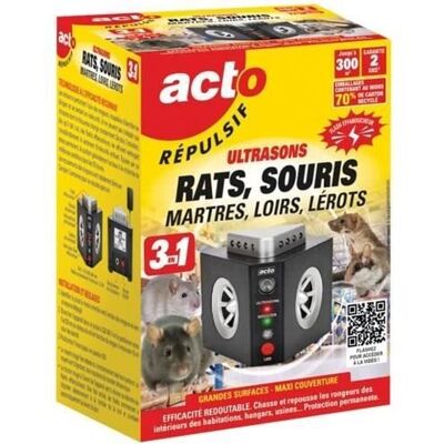 Répulsif ultrasons - ACTO - 3 en 1 - Maxi couverture grand angle - 300m² - Rats - Souris - Martres - Loirs - Lérots - Publicité Répulsif ultrasons - ACTO - 3 en 1 - Maxi couverture grand angle - 300m² - Rats - Souris - Martres - Loirs - Lérots - Publicité