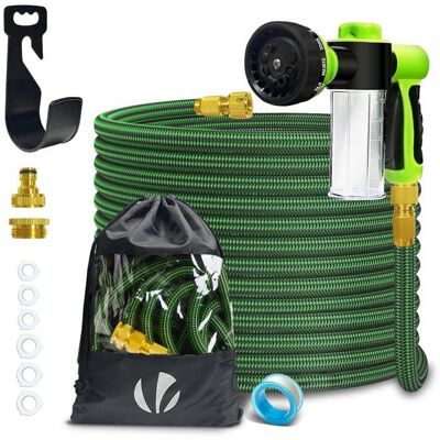 VOUNOT® Tuyau darrosage extensible renforcé 15m vert avec récipient savon - 8 modes - raccord et sac de rangement inclus - Publicité VOUNOT® Tuyau darrosage extensible renforcé 15m vert avec récipient savon - 8 modes - raccord et sac de rangement inclus - Publicité