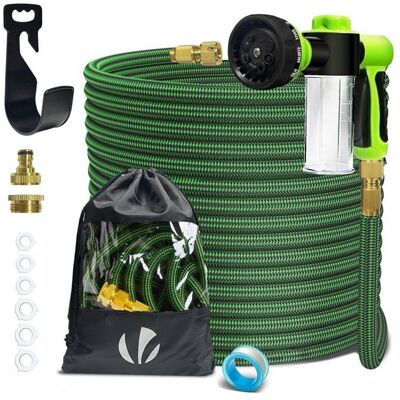 VOUNOT® Tuyau darrosage extensible renforcé 30m vert avec récipient savon - 8 modes - raccord et sac de rangement inclus - Publicité VOUNOT® Tuyau darrosage extensible renforcé 30m vert avec récipient savon - 8 modes - raccord et sac de rangement inclus - Publicité