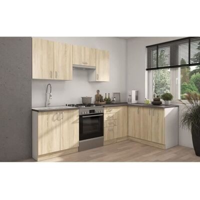 SARA Cuisine complète modulable - Angle réversible - 7 éléments - Décor chêne sonoma - L270 x L148 cm - Plan de travail non inclus Marron - Publicité SARA Cuisine complète modulable - Angle réversible - 7 éléments - Décor chêne sonoma - L270 x L148 cm - Plan de travail non inclus Marron - Publicité