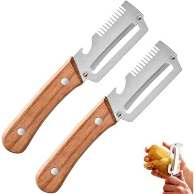 GRANDSALEY Lot de 2 éplucheurs à légumes multifonctions — Éplucheurs polyvalents 3-en-1 avec manches en bois — Accessoires de cuisine - Publicité GRANDSALEY Lot de 2 éplucheurs à légumes multifonctions — Éplucheurs polyvalents 3-en-1 avec manches en bois — Accessoires de cuisine - Publicité