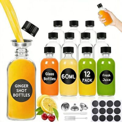 BOUTEILLE DE SERVICE - Lot de 12 Petite Bouteille en Verre - 60 ML - Bouteilles à Shot à Remplir avec stylo Entonnoir et étiquettes Noir - Publicité BOUTEILLE DE SERVICE - Lot de 12 Petite Bouteille en Verre - 60 ML - Bouteilles à Shot à Remplir avec stylo Entonnoir et étiquettes Noir - Publicité