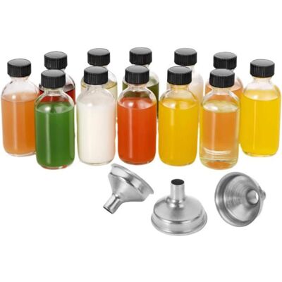 Bouteilles de voyage en verre - DOK - Lot de 12 - 60 ml - Transparent - 3 entonnoirs en acier inoxydable - Publicité Bouteilles de voyage en verre - DOK - Lot de 12 - 60 ml - Transparent - 3 entonnoirs en acier inoxydable - Publicité
