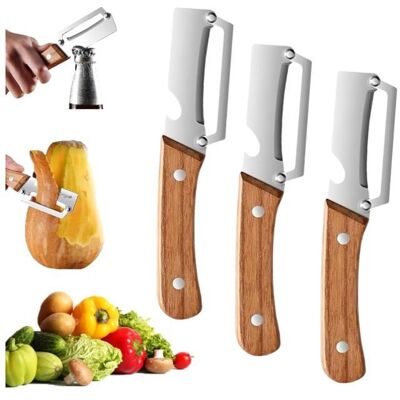 Lot de 3 éplucheurs en bois multifonction 2 en 1 en acier inoxydable avec poignée et décapsuleur fruits pommes pommes de terre - Publicité Lot de 3 éplucheurs en bois multifonction 2 en 1 en acier inoxydable avec poignée et décapsuleur fruits pommes pommes de terre - Publicité
