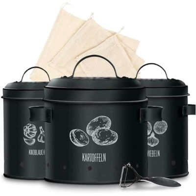 KITCHENQUALITY Boîte de rangement pour pommes de terre lot de 3 métal éplucheur et sac inclus Noir - Publicité KITCHENQUALITY Boîte de rangement pour pommes de terre lot de 3 métal éplucheur et sac inclus Noir - Publicité