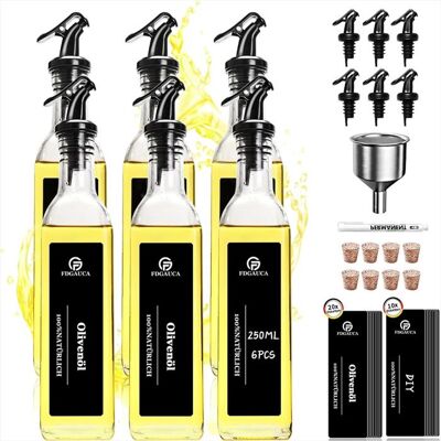 Bouteilles huile et vinaigre - HOME SAFETY - 250ml x6 - Verre sans plomb - Bouchons liège - Entonnoir inox - Publicité Bouteilles huile et vinaigre - HOME SAFETY - 250ml x6 - Verre sans plomb - Bouchons liège - Entonnoir inox - Publicité