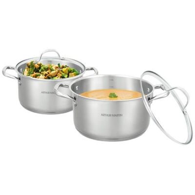 Set de 2 marmites - Tous feux dont induction - ARTHUR MARTIN - AM0155 - Acier inoxydable - Ø 24-28 cm + couvercle en verre - Inox Gris - Publicité Set de 2 marmites - Tous feux dont induction - ARTHUR MARTIN - AM0155 - Acier inoxydable - Ø 24-28 cm + couvercle en verre - Inox Gris - Publicité