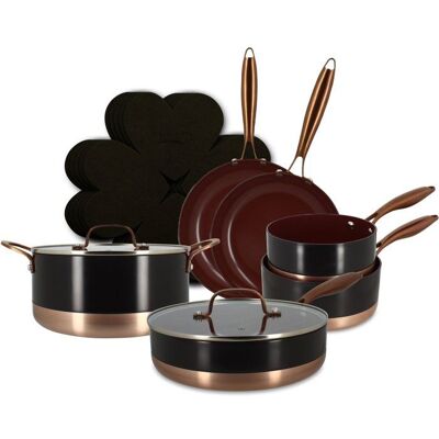 Batterie de cuisine induction - MENASTYL - Black Copper - Aluminium recyclé - Revêtement céramique antiadhésif - 13 pièces - Poignée Noir - Publicité Batterie de cuisine induction - MENASTYL - Black Copper - Aluminium recyclé - Revêtement céramique antiadhésif - 13 pièces - Poignée Noir - Publicité