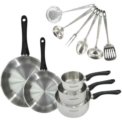 Batterie de cuisine - Tous feux dont induction - FACKELMANN - Geneva - Inox - 2 poêles 24 et 28 3 casseroles et 6 ustensiles Noir - Publicité Batterie de cuisine - Tous feux dont induction - FACKELMANN - Geneva - Inox - 2 poêles 24 et 28 3 casseroles et 6 ustensiles Noir - Publicité