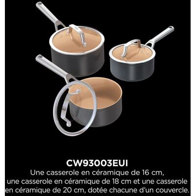 Set de 3 casseroles en céramique - Ninja - ExtendedLife CW93003EUI - 16/18/20 cm avec couvercles - Sans PFAS - Garantie 5 ans - Publicité Set de 3 casseroles en céramique - Ninja - ExtendedLife CW93003EUI - 16/18/20 cm avec couvercles - Sans PFAS - Garantie 5 ans - Publicité
