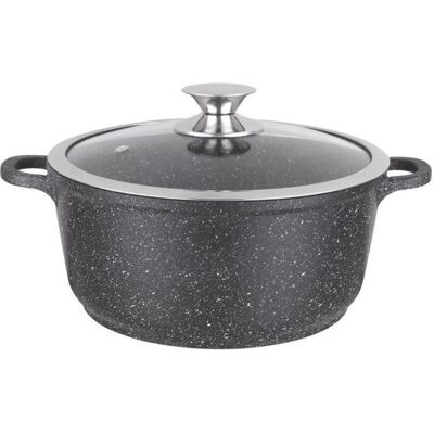 KAMBERG 0008032 - Casserole en aluminium moulé - 24cm - Aspect pierre - Couvercle en verre - Compatible induction - Publicité KAMBERG 0008032 - Casserole en aluminium moulé - 24cm - Aspect pierre - Couvercle en verre - Compatible induction - Publicité