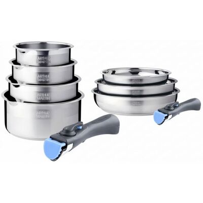 Batterie de cuisine inox 9 pièces avec 2 manches amovibles Arthur Martin AM2694 Gris - Publicité Batterie de cuisine inox 9 pièces avec 2 manches amovibles Arthur Martin AM2694 Gris - Publicité