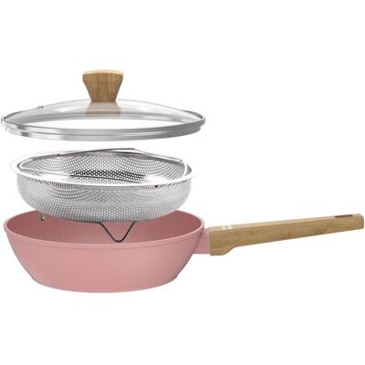 Sauteuse - Tous feux dont induction - ARTHUR MARTIN - AM0333 - Revêtement céramique - Ø 24 cm - Avec couvercle et panier inox - Rose Rose - Publicité Sauteuse - Tous feux dont induction - ARTHUR MARTIN - AM0333 - Revêtement céramique - Ø 24 cm - Avec couvercle et panier inox - Rose Rose - Publicité