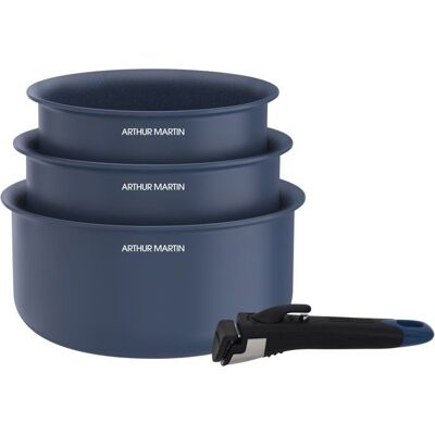 Set de 3 casseroles - Tous feux dont induction - ARTHUR MARTIN - AM0320 - Céramique - Ø 16-18-20 cm + poignée amovible - Bleu Bleu - Publicité Set de 3 casseroles - Tous feux dont induction - ARTHUR MARTIN - AM0320 - Céramique - Ø 16-18-20 cm + poignée amovible - Bleu Bleu - Publicité