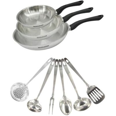 Set 3 poêles 20 24 et 28 cm en inox et 6 ustensiles inox Fackelmann Geneva Noir - Publicité Set 3 poêles 20 24 et 28 cm en inox et 6 ustensiles inox Fackelmann Geneva Noir - Publicité