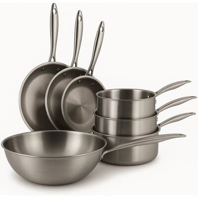 MENASTYL Set 7 piÈces triply wok casserole poele en acier inoxydable induction - made in france Gris - Publicité MENASTYL Set 7 piÈces triply wok casserole poele en acier inoxydable induction - made in france Gris - Publicité